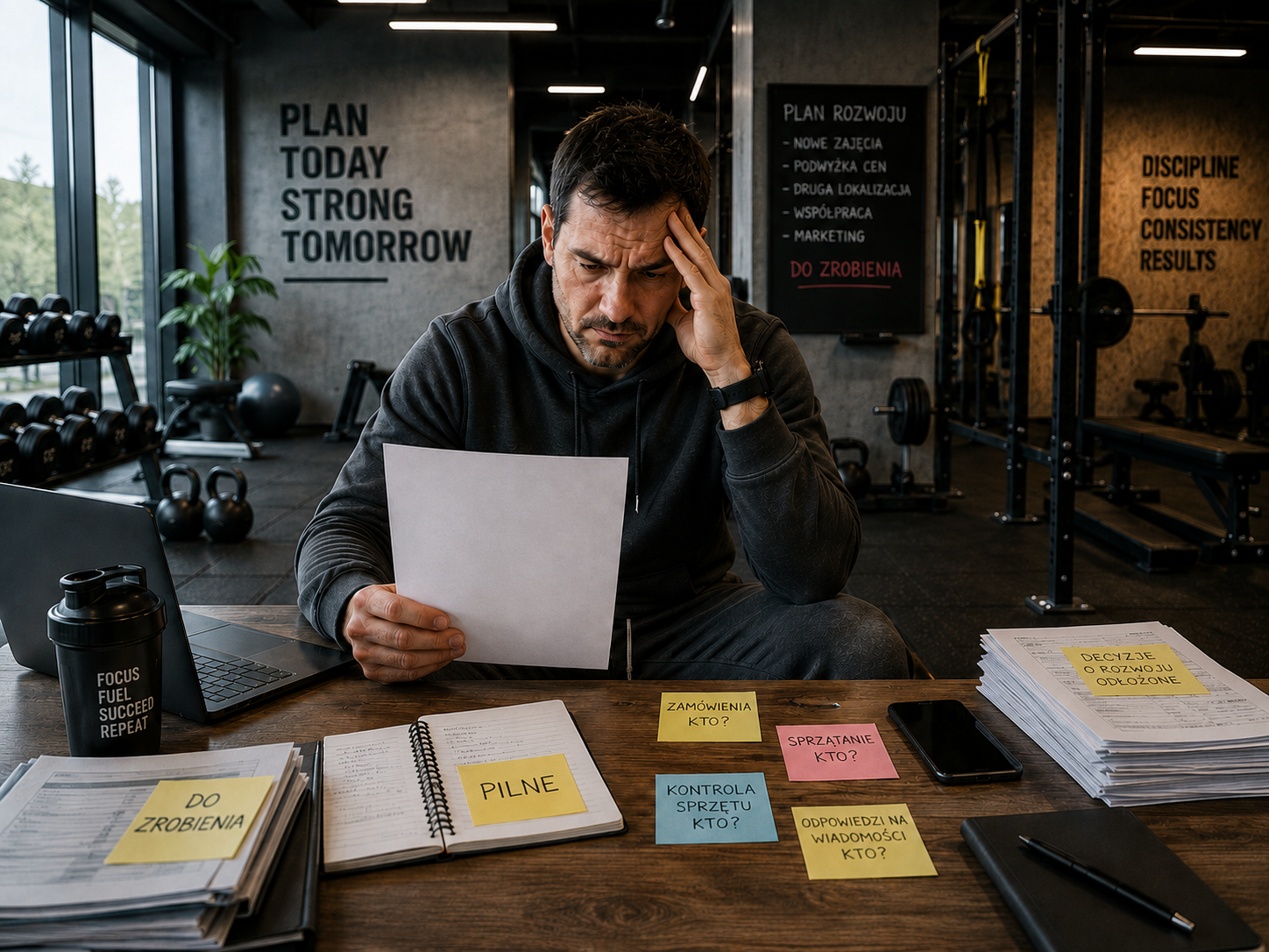 Właściciel klubu fitness pracujący przy komputerze